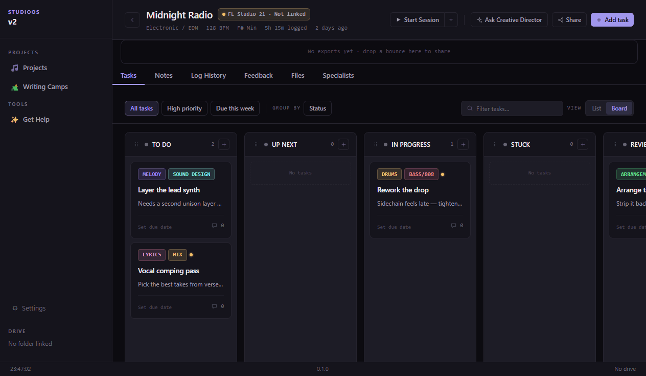 Task board with Melody, Drums, and Bass/808 tags