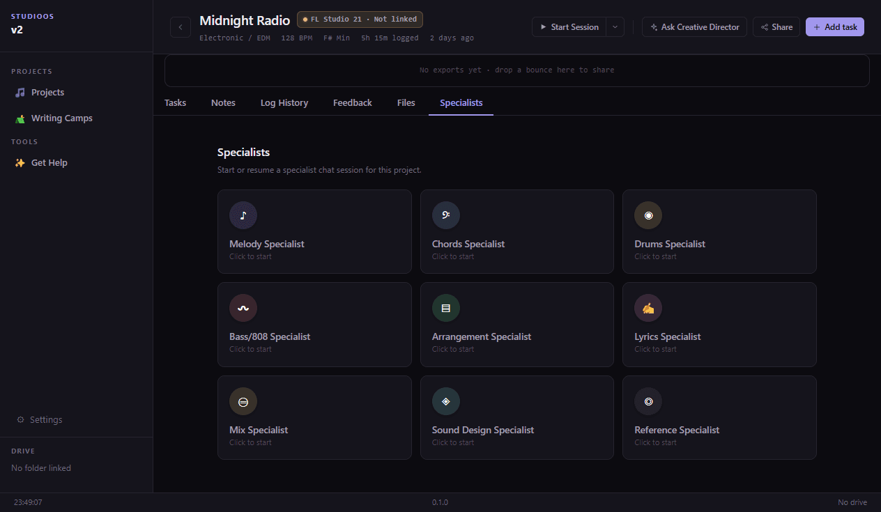 Specialists grid: Melody, Chords, Drums, and more