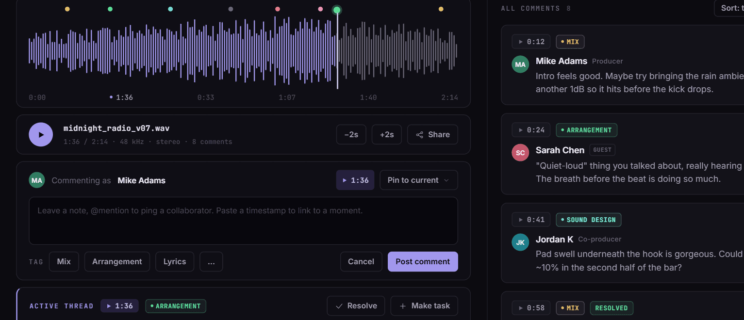 Marked-up waveform with timecoded comments on Midnight Radio