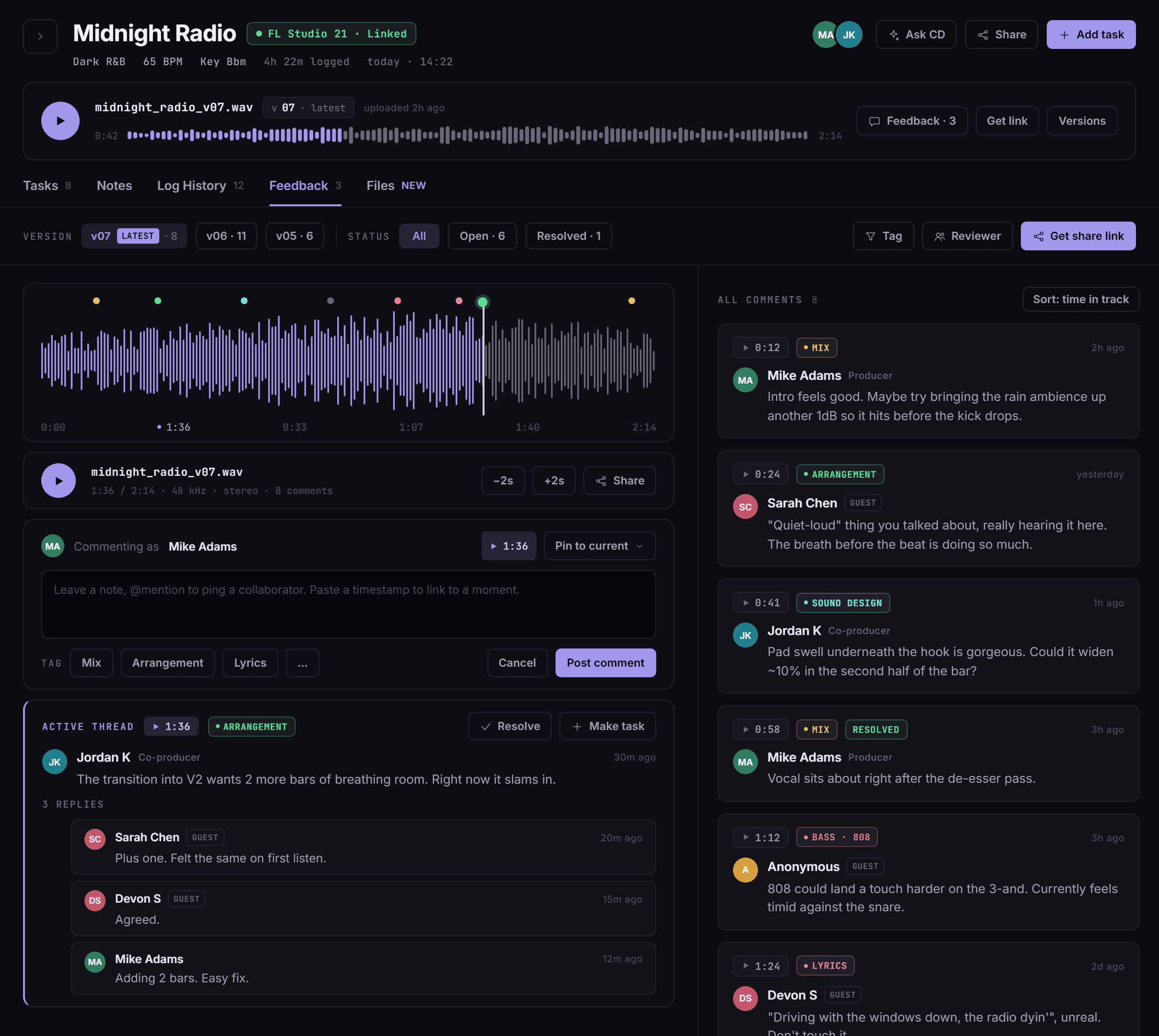 Feedback pane: marked-up waveform, comment composer, and comment rail for Midnight Radio