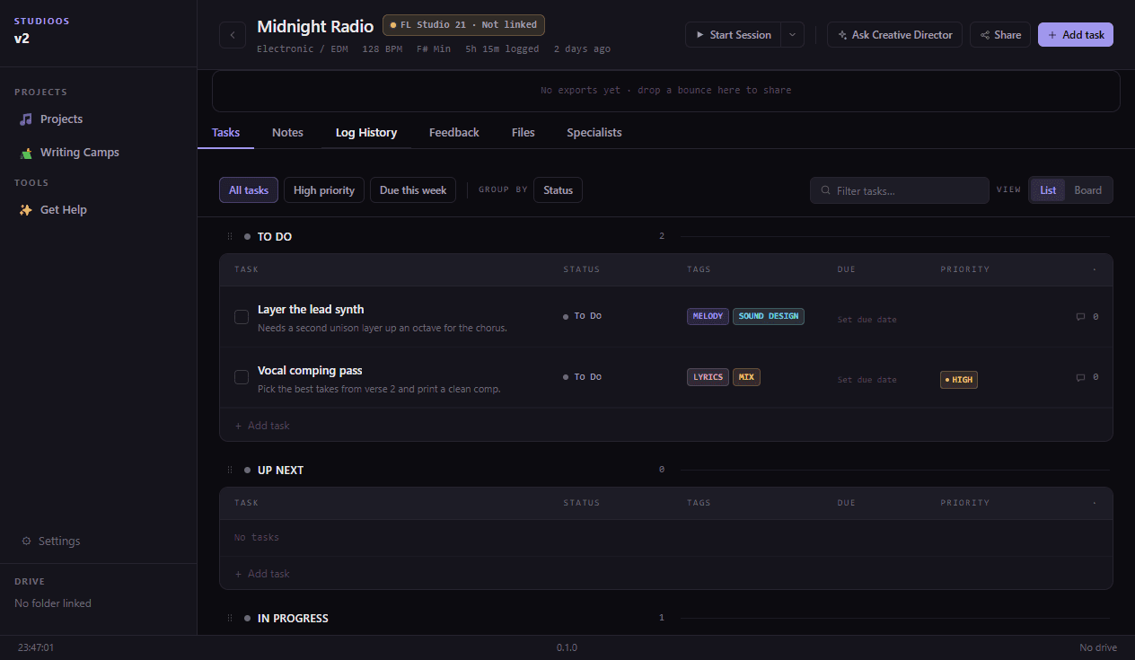 Desktop app, Midnight Radio project, Tasks view