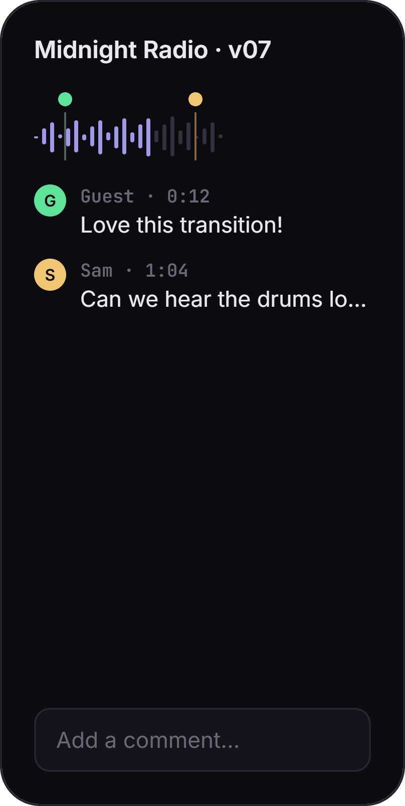 Guest feedback portal on a phone, with comment pins on the waveform
